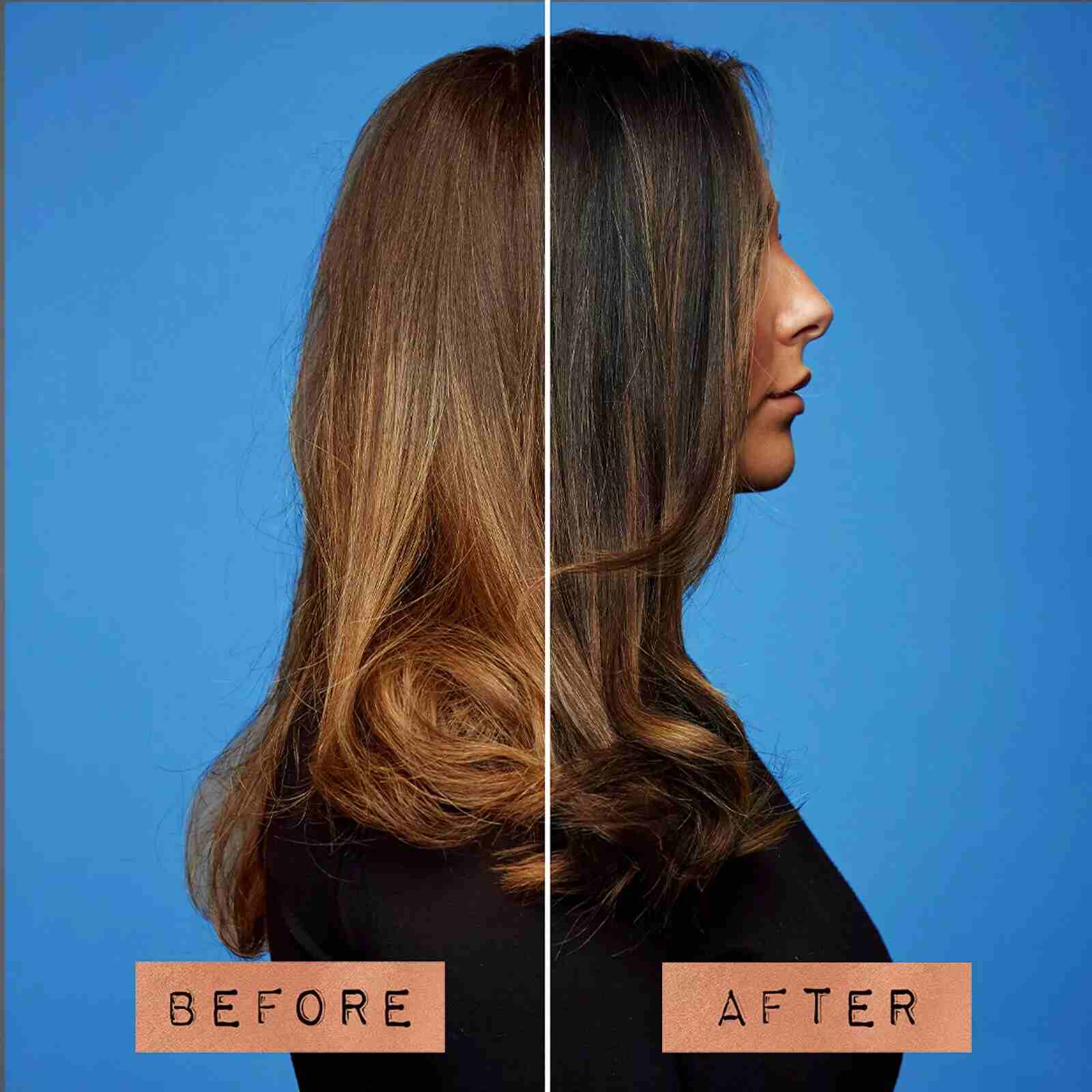 An example of hair before and after using blue shampoo 