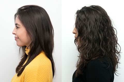 Before and after a chemical hair perming treatment 